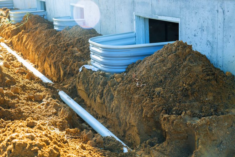 Plastic piping and a rainpipe against and around the a drainpipe in ground house